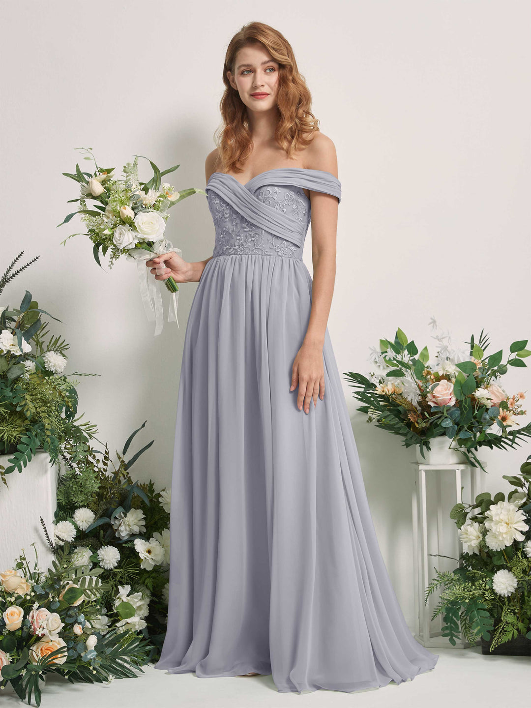 Carlyna Robe Trapèze Épaule Dénudée Longueur Ras du Sol Brodée Robes de Demoiselle d&
