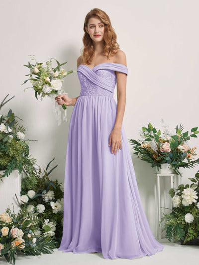 Carlyna Robe Trapèze Épaule Dénudée Longueur Ras du Sol Brodée Robes de Demoiselle d'honneur Lilas #couleur_lilas