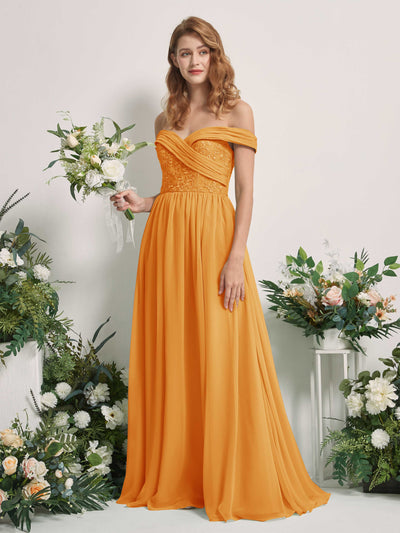 Carlyna Robe Trapèze Épaule Dénudée Longueur Ras du Sol Brodée Robes de Demoiselle d'honneur Mangue #couleur_mangue