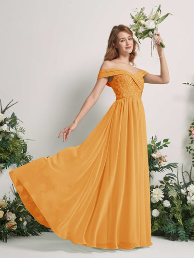 Carlyna Robe Trapèze Épaule Dénudée Longueur Ras du Sol Brodée Robes de Demoiselle d'honneur Mangue #couleur_mangue
