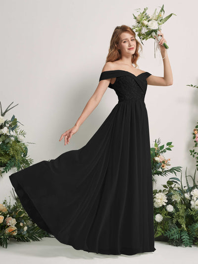 Carlyna Robe Trapèze Épaule Dénudée Longueur Ras du Sol Brodée Robes de Demoiselle d'honneur Noir #couleur_noir