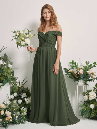 Carlyna Robe Trapèze Épaule Dénudée Longueur Ras du Sol Brodée Robes de Demoiselle d'honneur Olive Martini #couleur_olive-martini