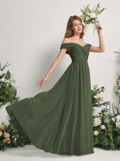 Carlyna Robe Trapèze Épaule Dénudée Longueur Ras du Sol Brodée Robes de Demoiselle d'honneur Olive Martini #couleur_olive-martini