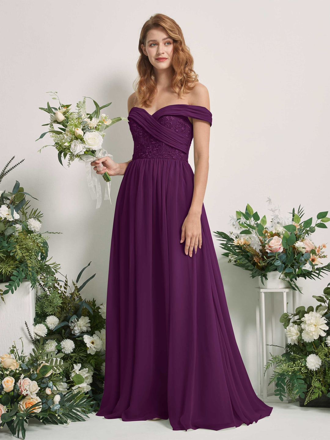 Carlyna Robe Trapèze Épaule Dénudée Longueur Ras du Sol Brodée Robes de Demoiselle d&