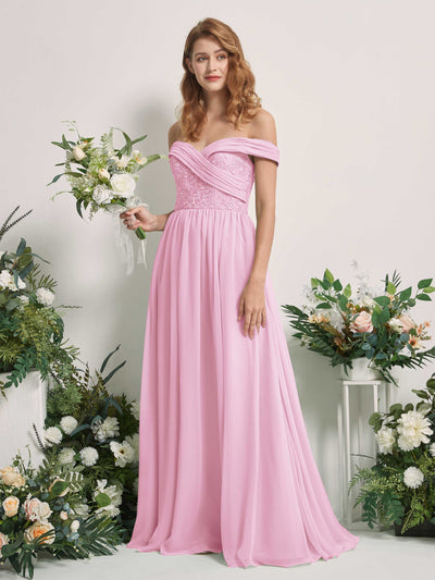 Carlyna Robe Trapèze Épaule Dénudée Longueur Ras du Sol Brodée Robes de Demoiselle d'honneur Rose Bonbon #couleur_rose-bonbon