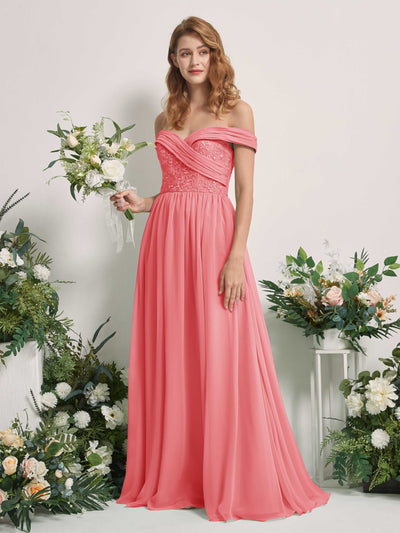 Carlyna Robe Trapèze Épaule Dénudée Longueur Ras du Sol Brodée Robes de Demoiselle d'honneur Rose Corail #couleur_rose-corail