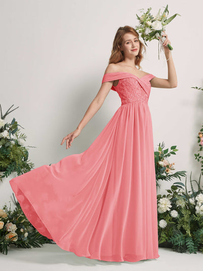 Carlyna Robe Trapèze Épaule Dénudée Longueur Ras du Sol Brodée Robes de Demoiselle d'honneur Rose Corail #couleur_rose-corail