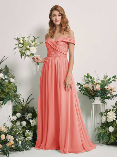 Carlyna Robe Trapèze Épaule Dénudée Longueur Ras du Sol Brodée Robes de Demoiselle d'honneur Rose Pêche #couleur_rose-p-che