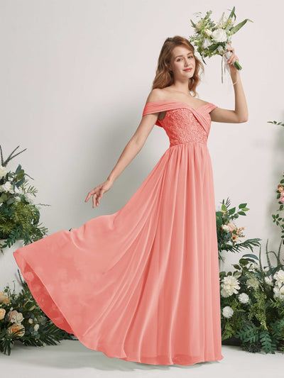 Carlyna Robe Trapèze Épaule Dénudée Longueur Ras du Sol Brodée Robes de Demoiselle d'honneur Rose Pêche #couleur_rose-p-che