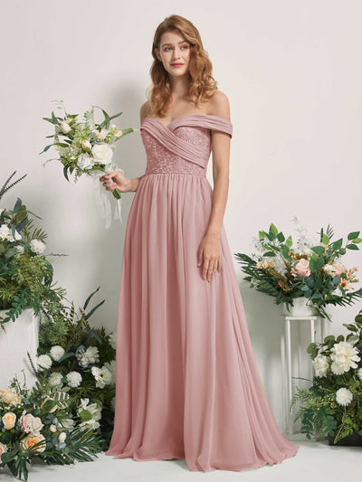 Carlyna Robe Trapèze Épaule Dénudée Longueur Ras du Sol Brodée Robes de Demoiselle d'honneur Rose Poussiéreux #couleur_rose-poussi-reux