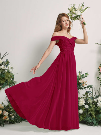 Carlyna Robe Trapèze Épaule Dénudée Longueur Ras du Sol Brodée Robes de Demoiselle d'honneur Rouge Bouffon #couleur_rouge-bouffon
