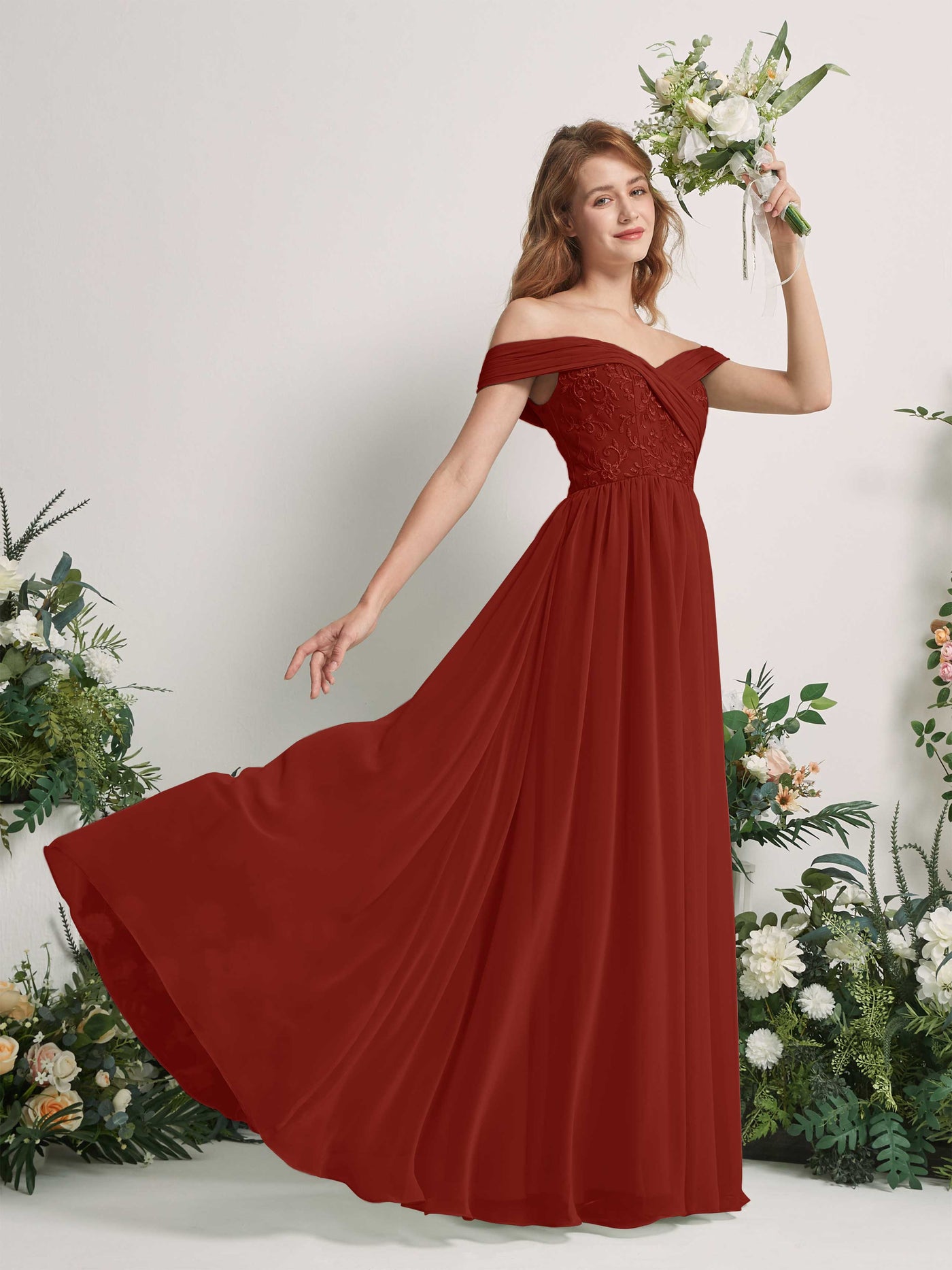 Carlyna Robe Trapèze Épaule Dénudée Longueur Ras du Sol Brodée Robes de Demoiselle d'honneur Rouille #couleur_rouille