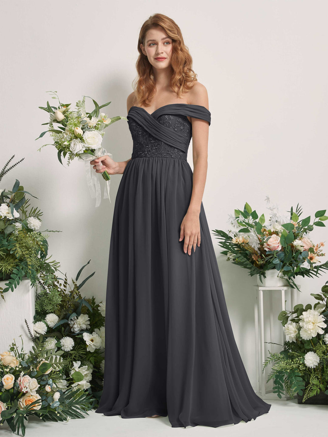 Carlyna Robe Trapèze Épaule Dénudée Longueur Ras du Sol Brodée Robes de Demoiselle d&