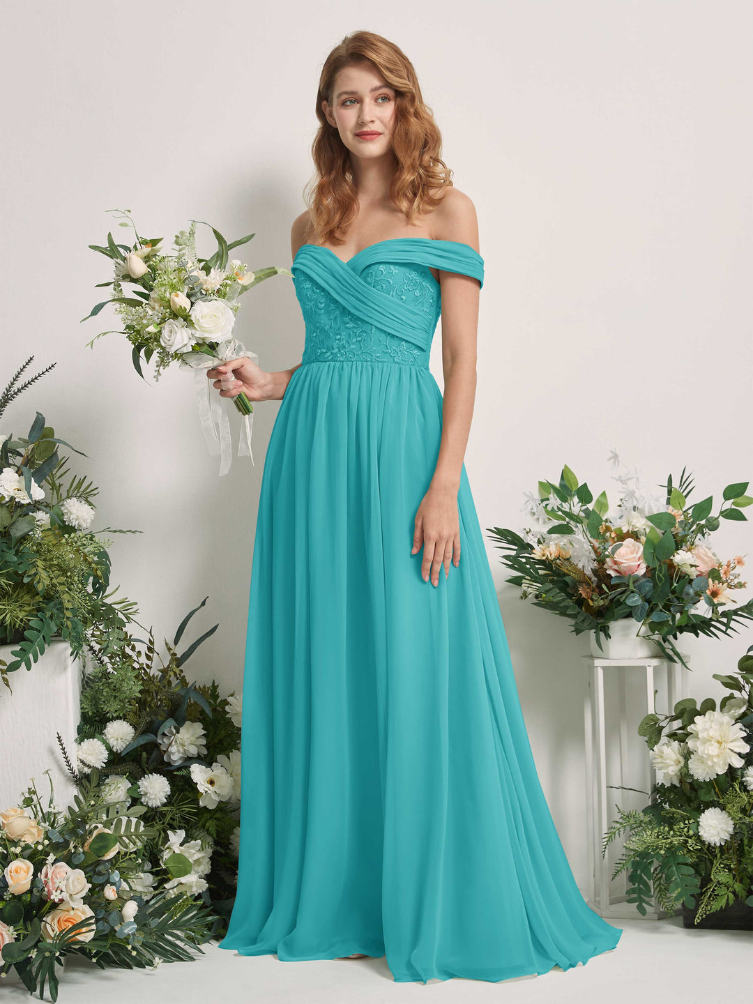 Carlyna Robe Trapèze Épaule Dénudée Longueur Ras du Sol Brodée Robes de Demoiselle d&
