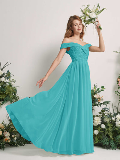 Carlyna Robe Trapèze Épaule Dénudée Longueur Ras du Sol Brodée Robes de Demoiselle d'honneur Turquoise #couleur_turquoise