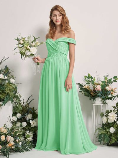 Carlyna Robe Trapèze Épaule Dénudée Longueur Ras du Sol Brodée Robes de Demoiselle d'honneur Vert Menthe #couleur_vert-menthe