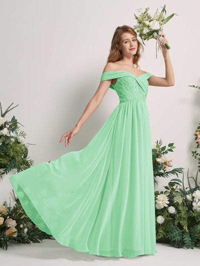 Carlyna Robe Trapèze Épaule Dénudée Longueur Ras du Sol Brodée Robes de Demoiselle d'honneur Vert Menthe #couleur_vert-menthe