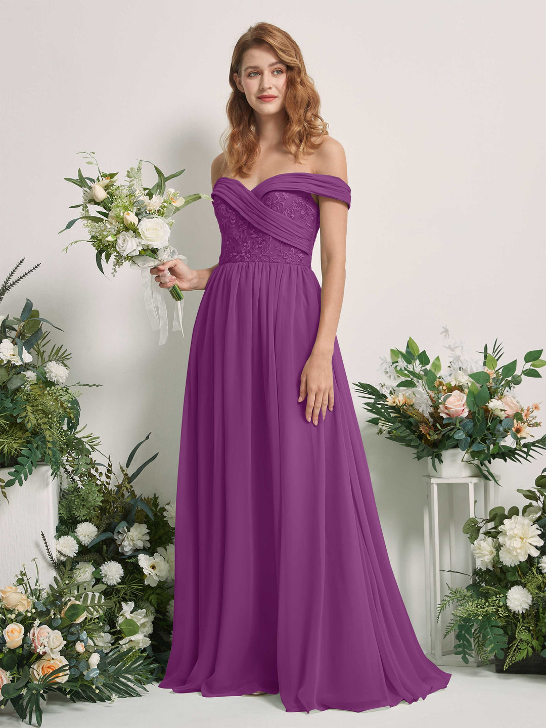 Carlyna Robe Trapèze Épaule Dénudée Longueur Ras du Sol Brodée Robes de Demoiselle d&