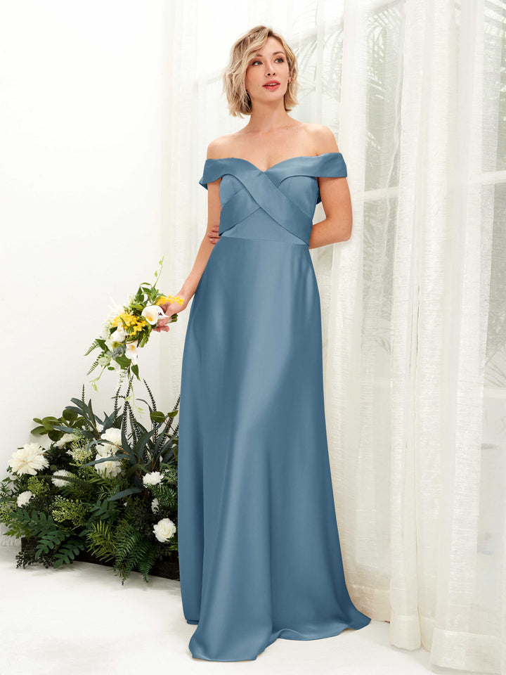 Carlyna Robe trapèze Épaule Dénudée longueur ras du sol en satin Bleu Encre 