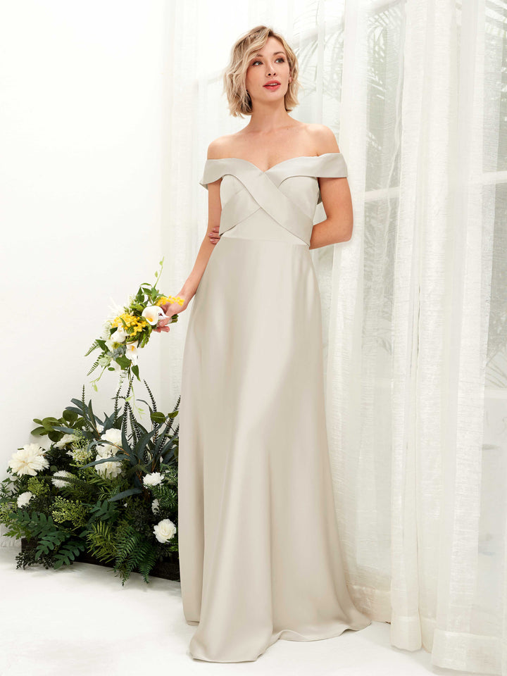 Carlyna Robe trapèze Épaule Dénudée longueur ras du sol en satin Champagne 