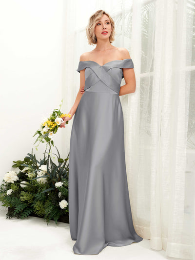 Carlyna Robe trapèze Épaule Dénudée longueur ras du sol en satin Gris Acier #couleur_gris-acier