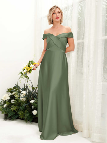 Carlyna Robe trapèze Épaule Dénudée longueur ras du sol en satin Olive #couleur_olive