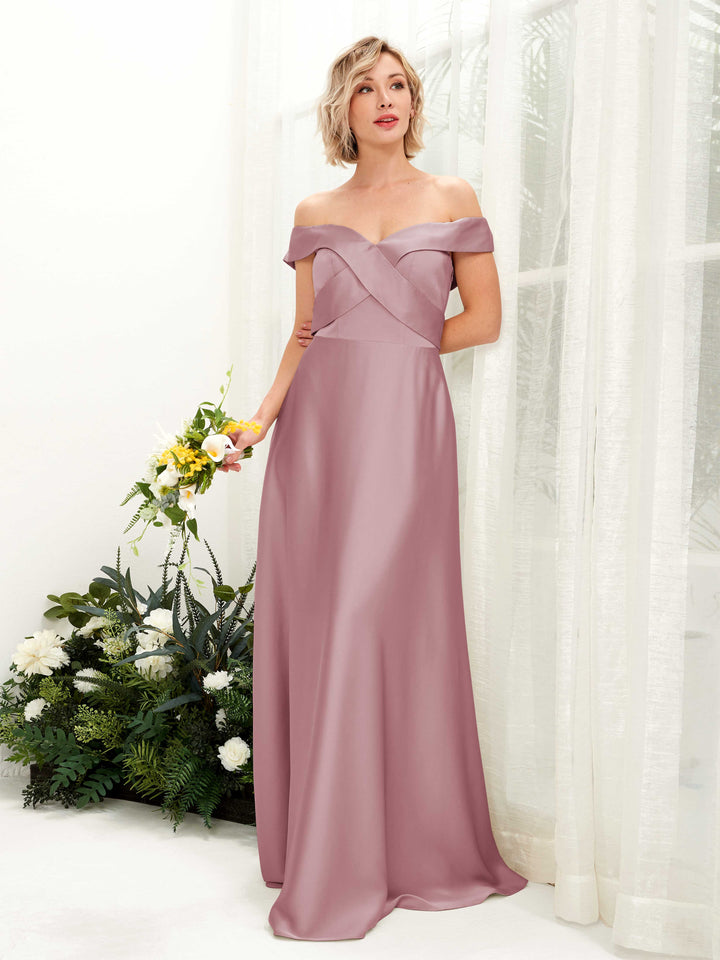 Carlyna Robe trapèze Épaule Dénudée longueur ras du sol en satin Quartz Rose 