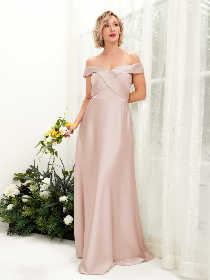 Carlyna Robe trapèze Épaule Dénudée longueur ras du sol en satin Rose Perle 