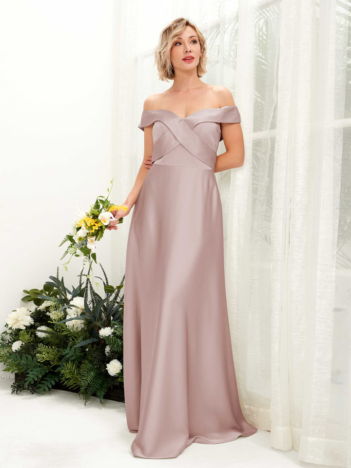 Carlyna Robe trapèze Épaule Dénudée longueur ras du sol en satin Rose Poussiéreux 