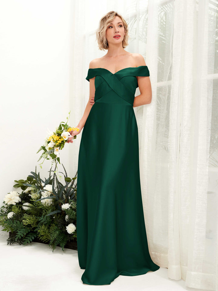 Carlyna Robe trapèze Épaule Dénudée longueur ras du sol en satin Vert Chasseur 