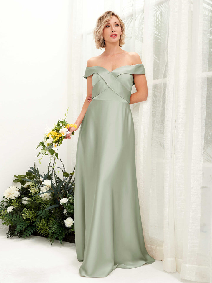 Carlyna Robe trapèze Épaule Dénudée longueur ras du sol en satin Vert Sauge Foncé 