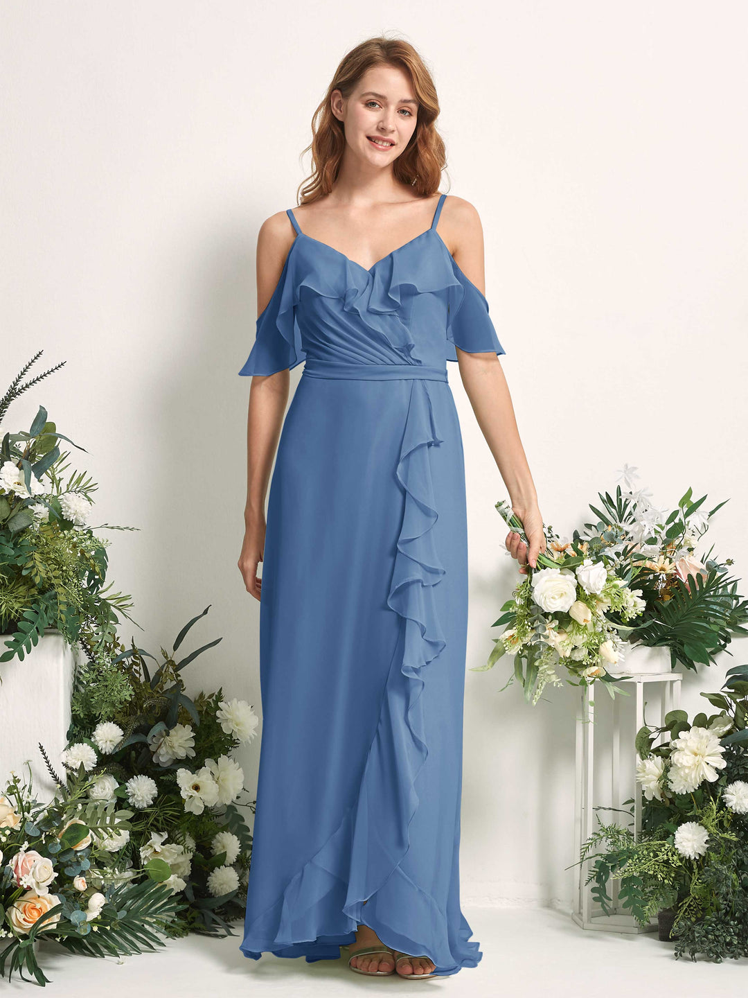 Carlyna Robe Trapèze Épaule Dénudée Longueur ras du sol Mousseline Demoiselle d&