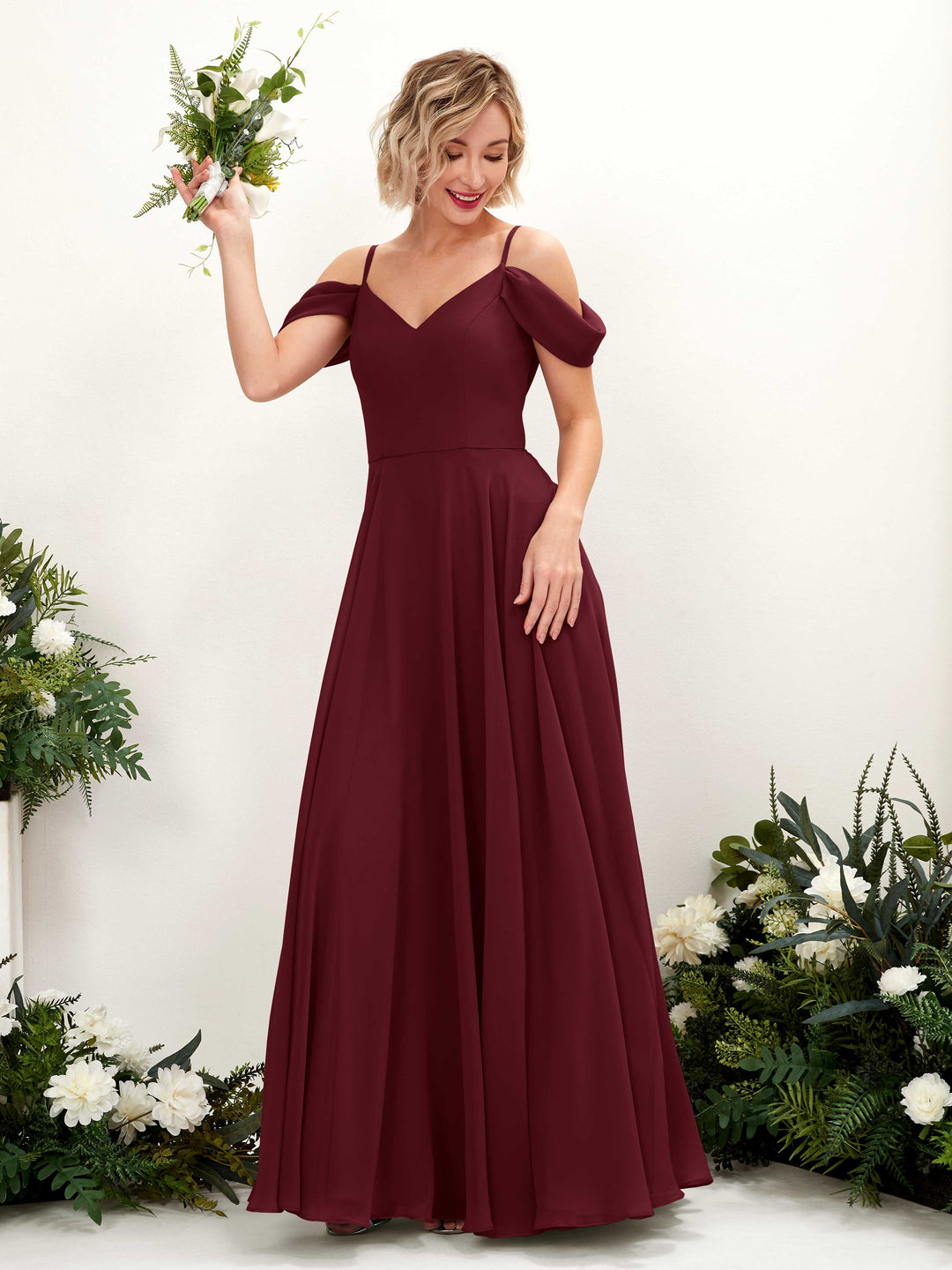Carlyna Robe trapèze Épaule Dénudée Longueur ras du sol Mousseline demoiselle d&