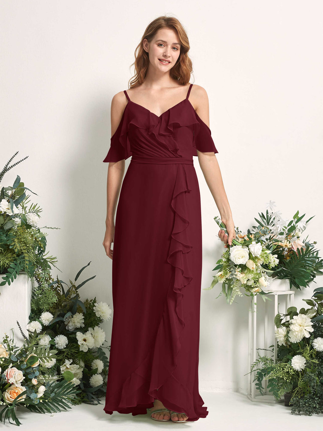Carlyna Robe Trapèze Épaule Dénudée Longueur ras du sol Mousseline Demoiselle d&