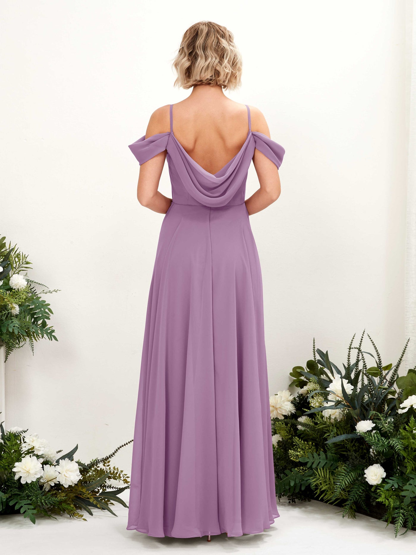 Carlyna Robe trapèze Épaule Dénudée Longueur ras du sol Mousseline demoiselle d'honneur Brume Orchidée #couleur_brume-orchid-e