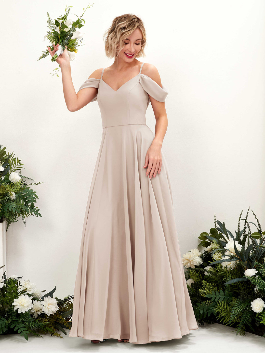 Carlyna Robe trapèze Épaule Dénudée Longueur ras du sol Mousseline demoiselle d&
