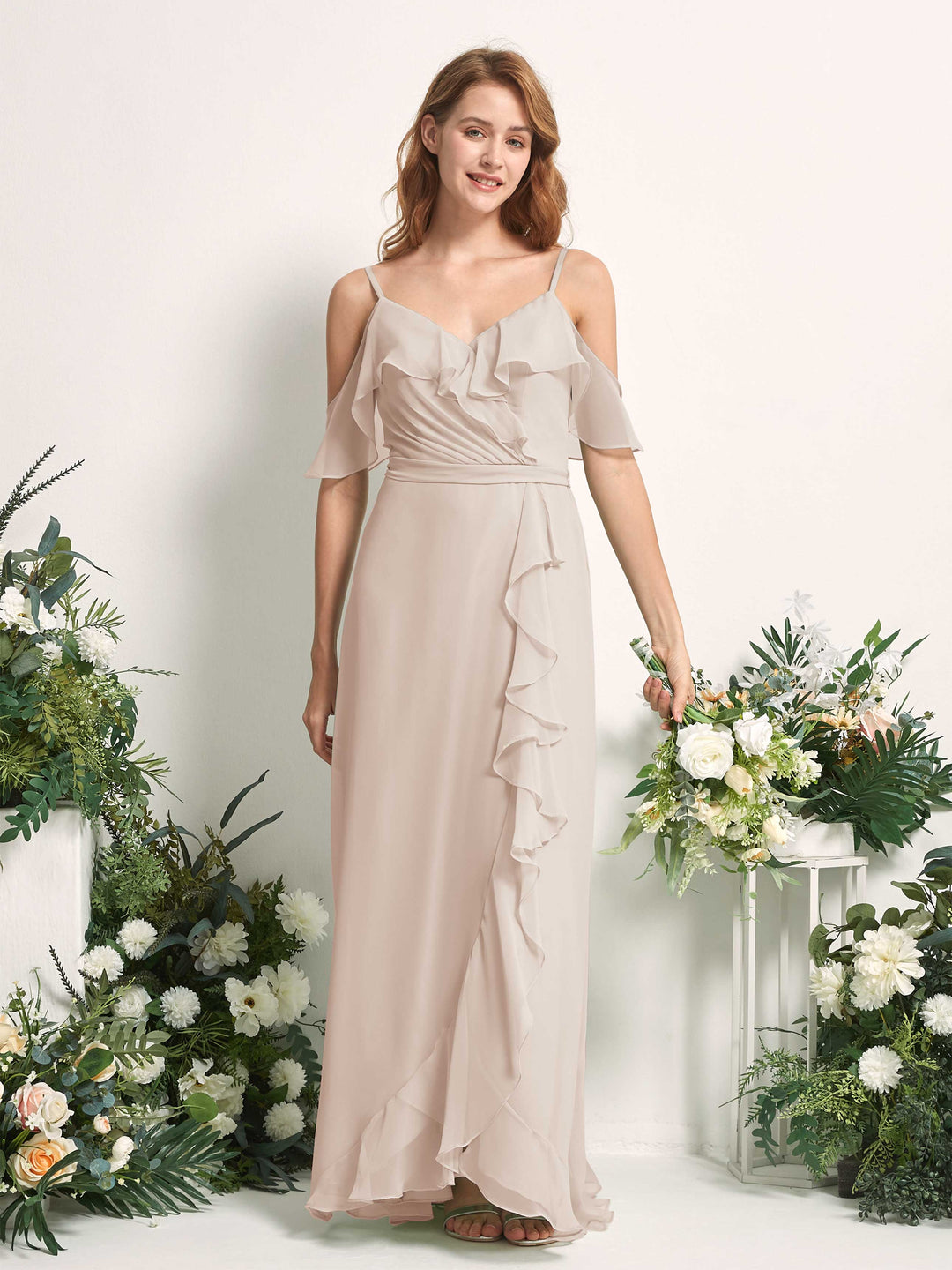 Carlyna Robe Trapèze Épaule Dénudée Longueur ras du sol Mousseline Demoiselle d&