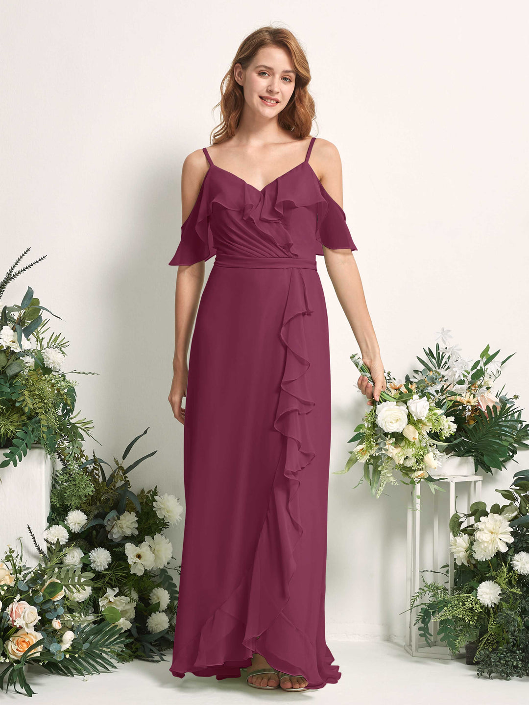 Carlyna Robe Trapèze Épaule Dénudée Longueur ras du sol Mousseline Demoiselle d&