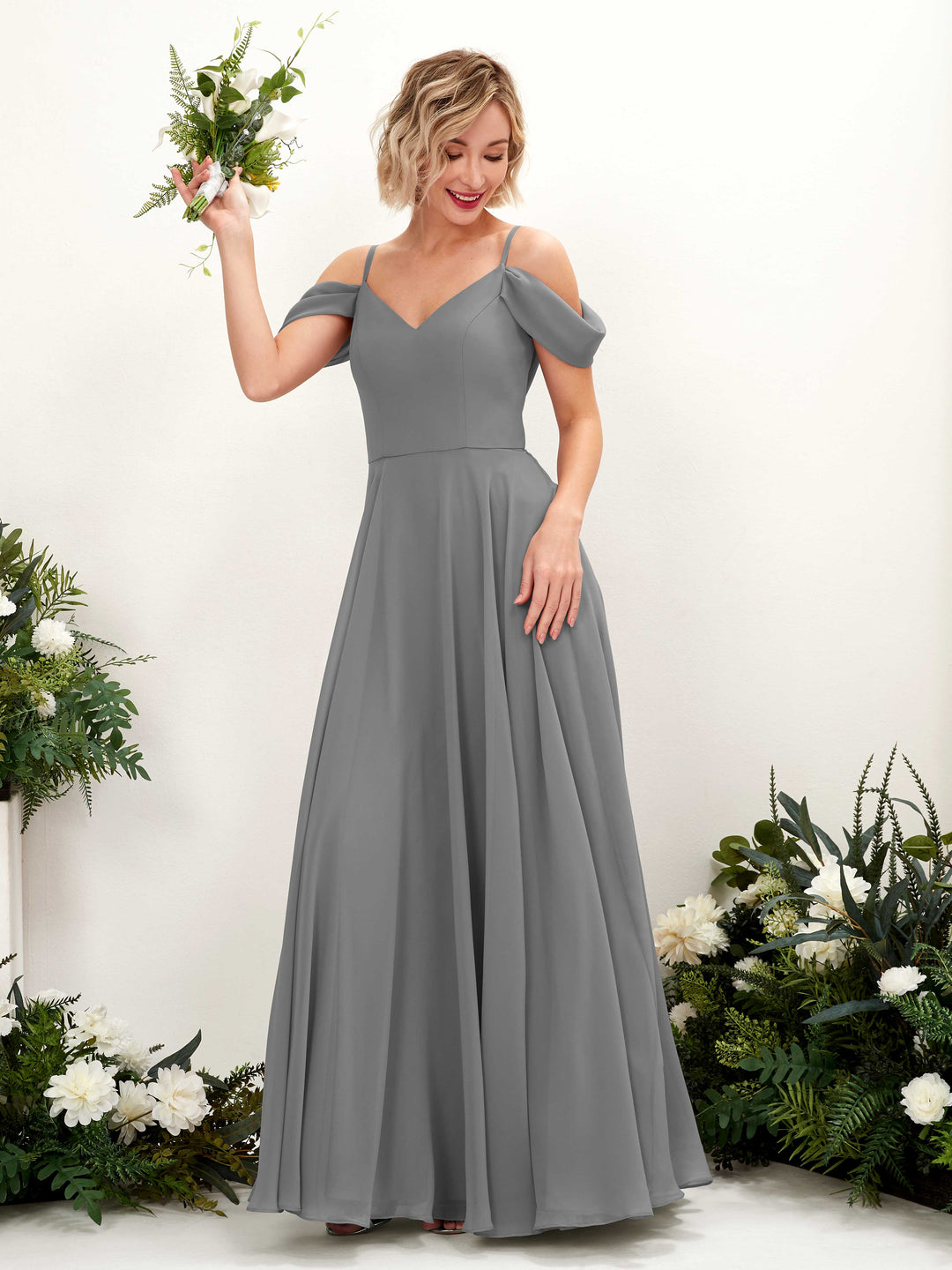 Carlyna Robe trapèze Épaule Dénudée Longueur ras du sol Mousseline demoiselle d&