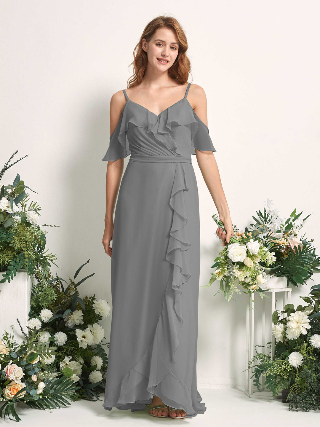 Carlyna Robe Trapèze Épaule Dénudée Longueur ras du sol Mousseline Demoiselle d&