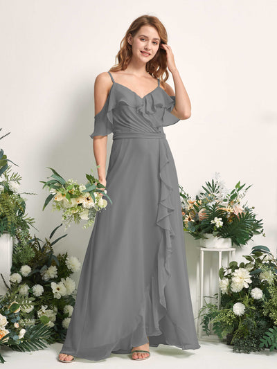Carlyna Robe Trapèze Épaule Dénudée Longueur ras du sol Mousseline Demoiselle d'honneur Gris Acier #couleur_gris-acier