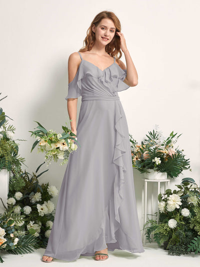 Carlyna Robe Trapèze Épaule Dénudée Longueur ras du sol Mousseline Demoiselle d'honneur Gris Boussole #couleur_gris-boussole