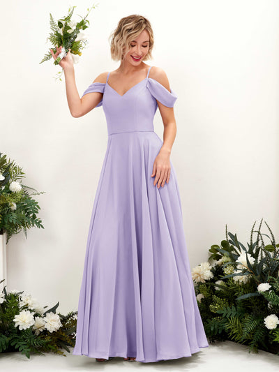 Carlyna Robe trapèze Épaule Dénudée Longueur ras du sol Mousseline demoiselle d'honneur Lilas #couleur_lilas