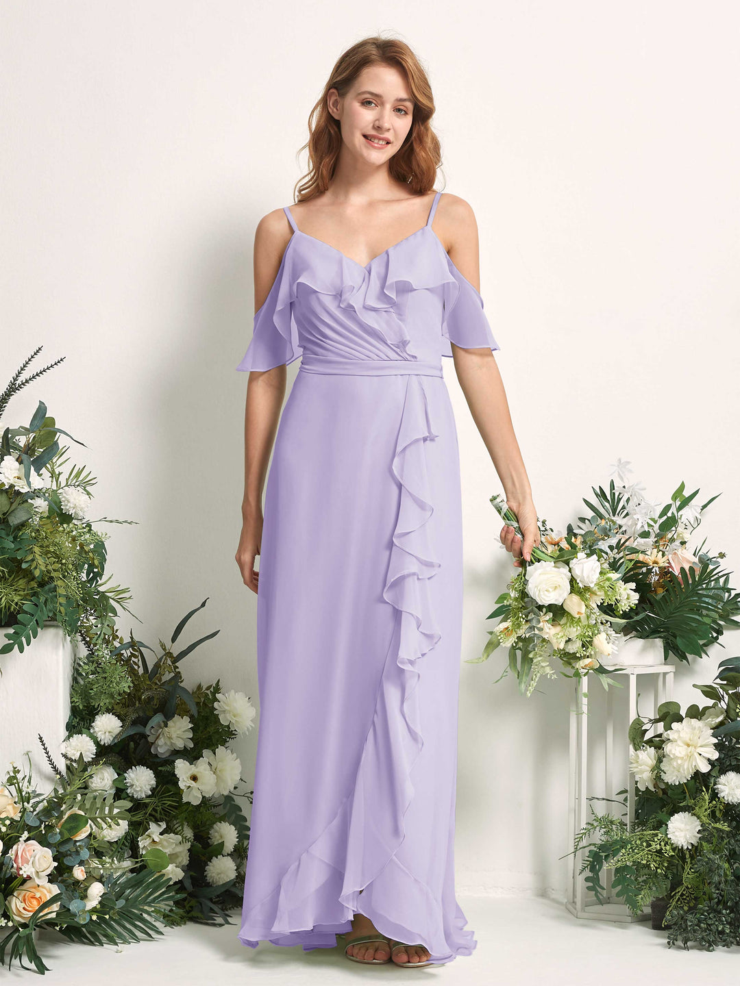 Carlyna Robe Trapèze Épaule Dénudée Longueur ras du sol Mousseline Demoiselle d&