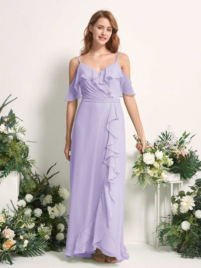 Carlyna Robe Trapèze Épaule Dénudée Longueur ras du sol Mousseline Demoiselle d'honneur Lilas #couleur_lilas