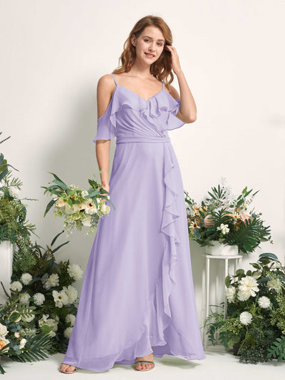 Carlyna Robe Trapèze Épaule Dénudée Longueur ras du sol Mousseline Demoiselle d'honneur Lilas #couleur_lilas