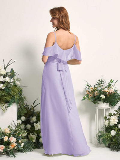 Carlyna Robe Trapèze Épaule Dénudée Longueur ras du sol Mousseline Demoiselle d'honneur Lilas #couleur_lilas