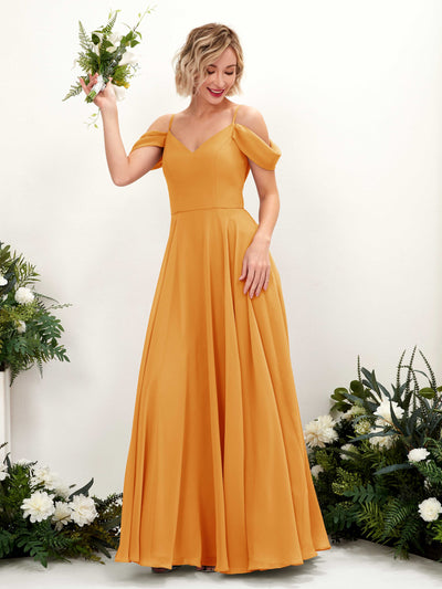 Carlyna Robe trapèze Épaule Dénudée Longueur ras du sol Mousseline demoiselle d'honneur Mangue #couleur_mangue