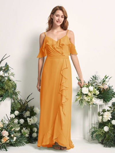Carlyna Robe Trapèze Épaule Dénudée Longueur ras du sol Mousseline Demoiselle d'honneur Mangue #couleur_mangue