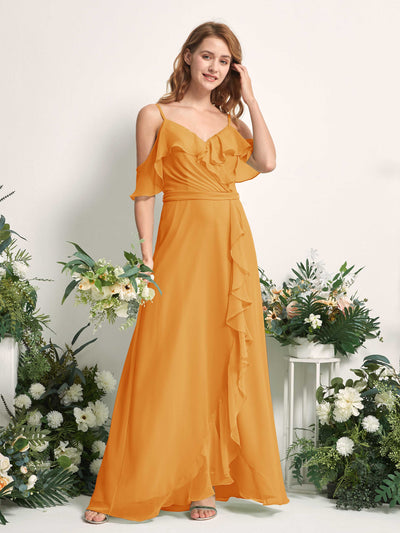 Carlyna Robe Trapèze Épaule Dénudée Longueur ras du sol Mousseline Demoiselle d'honneur Mangue #couleur_mangue